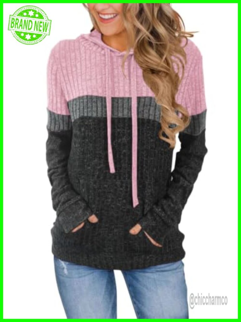 Women's Color Block Knit Hoodie Long Sleeve Pullover Sweater with Pocket